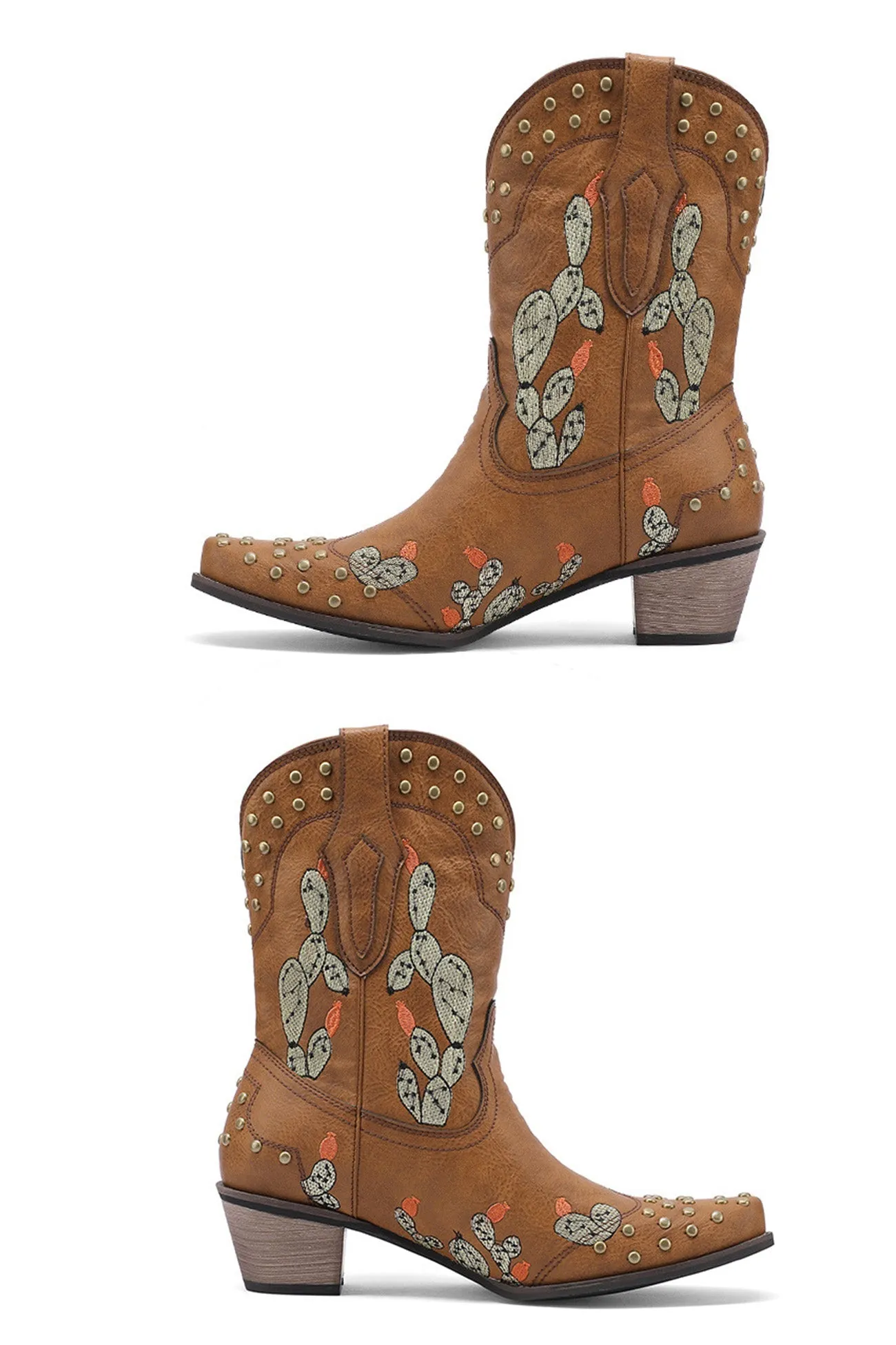 Amozae-Cactus Embroidery Studded Mid-Calf Boots