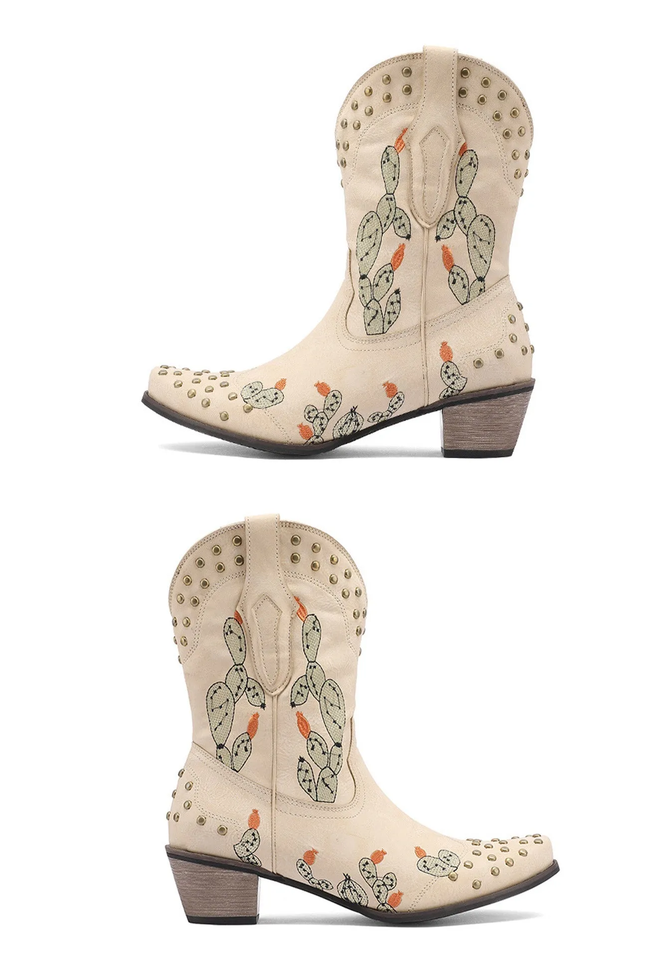 Amozae-Cactus Embroidery Studded Mid-Calf Boots