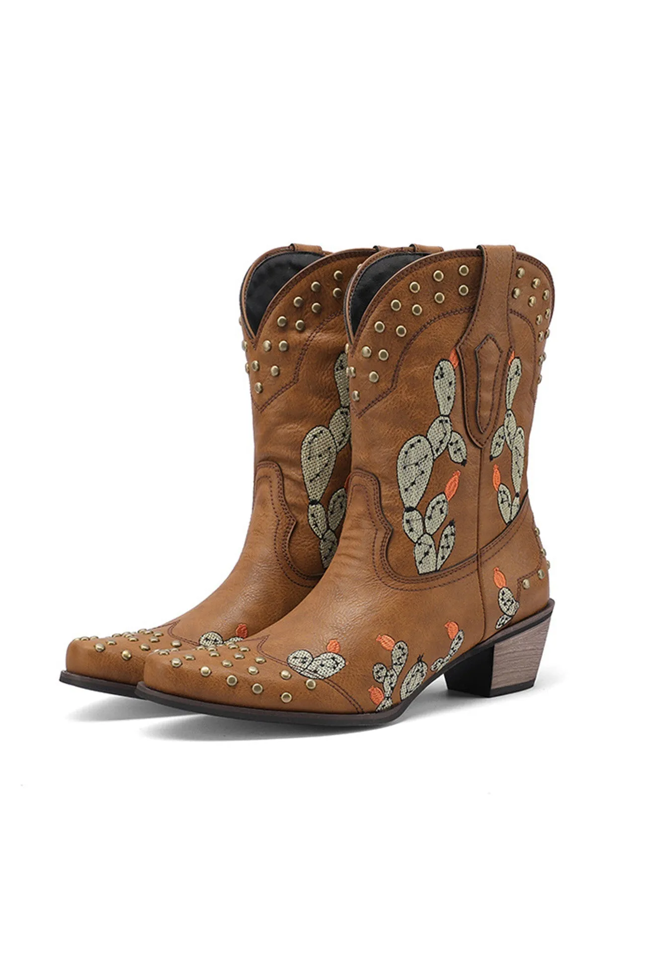 Amozae-Cactus Embroidery Studded Mid-Calf Boots