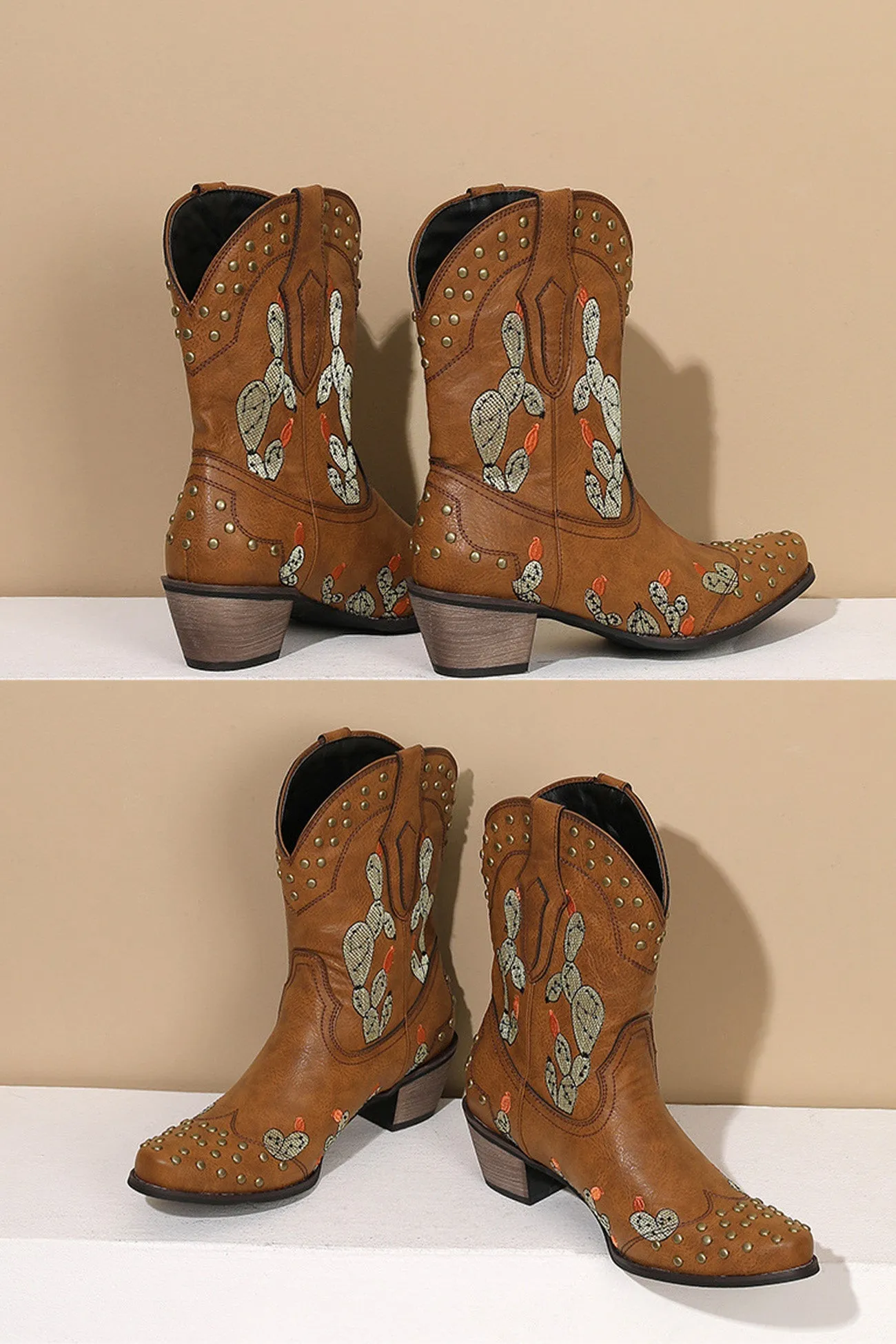 Amozae-Cactus Embroidery Studded Mid-Calf Boots