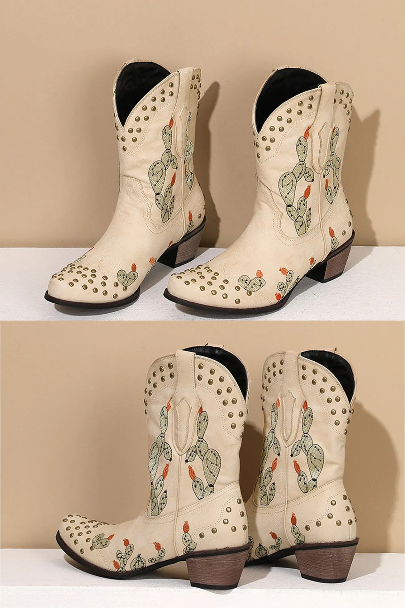 Amozae-Cactus Embroidery Studded Mid-Calf Boots