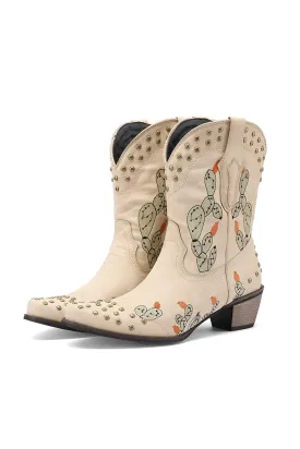 Amozae-Cactus Embroidery Studded Mid-Calf Boots