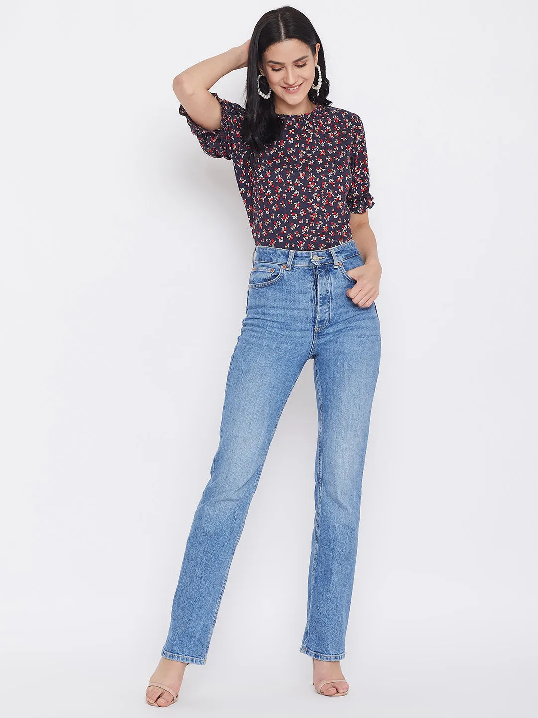 Berrylush Women Navy Blue Floral Printed Round Neck Top