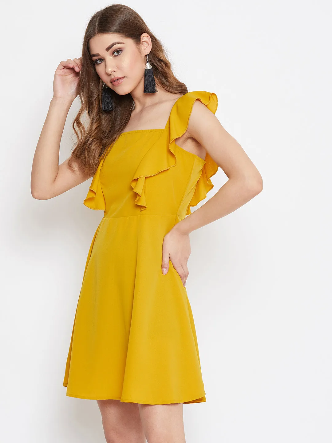 Berrylush Women Solid Mustard Yellow Sleeveless Ruffled Fit & Flare Mini Dress