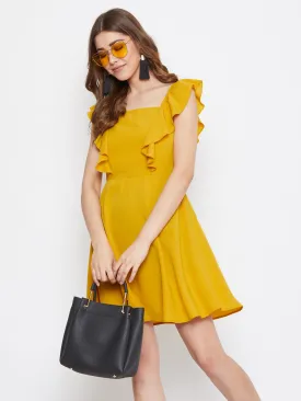 Berrylush Women Solid Mustard Yellow Sleeveless Ruffled Fit & Flare Mini Dress