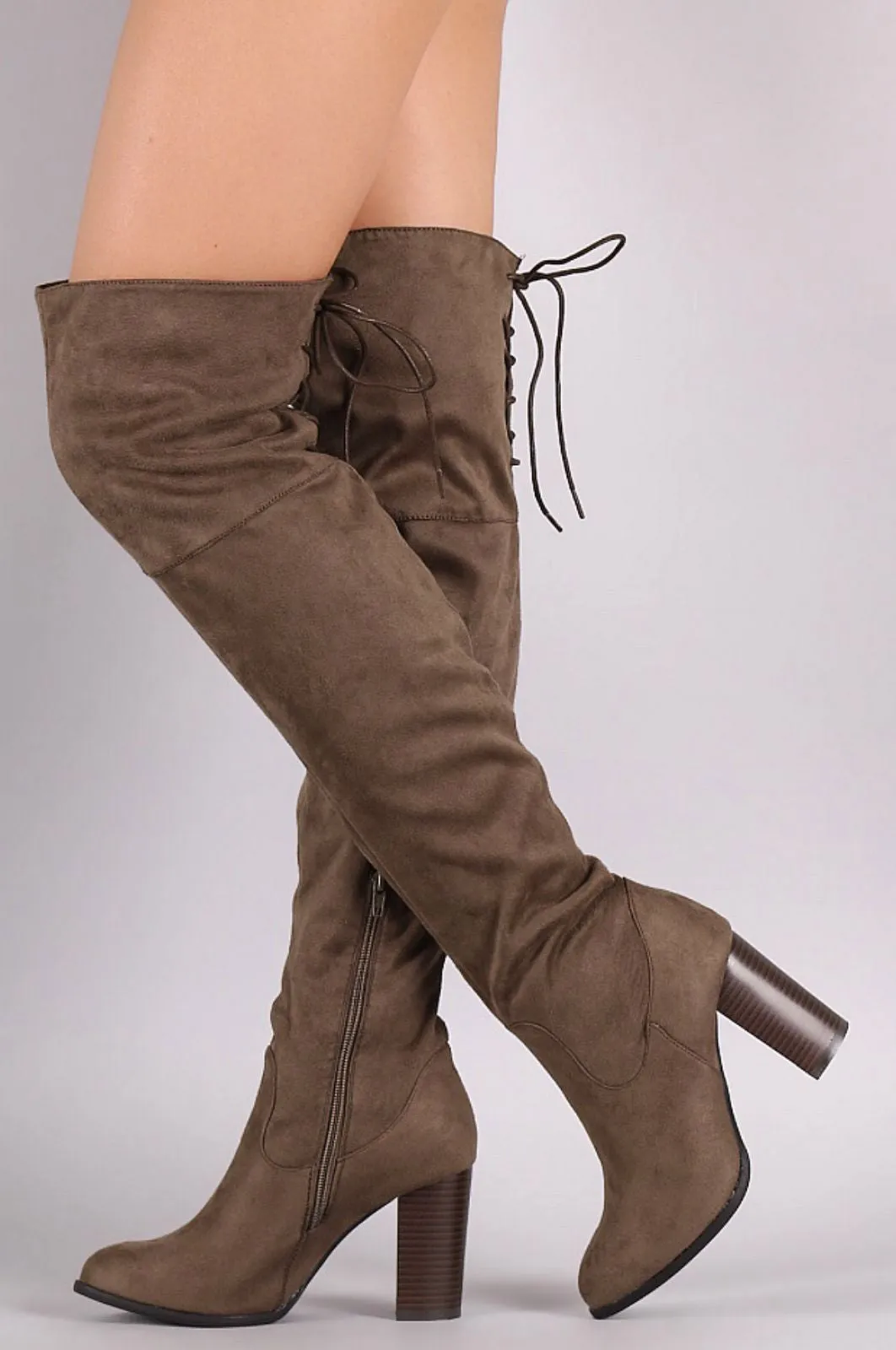 Over the Knee Lace Up Boots with Heel - Brown