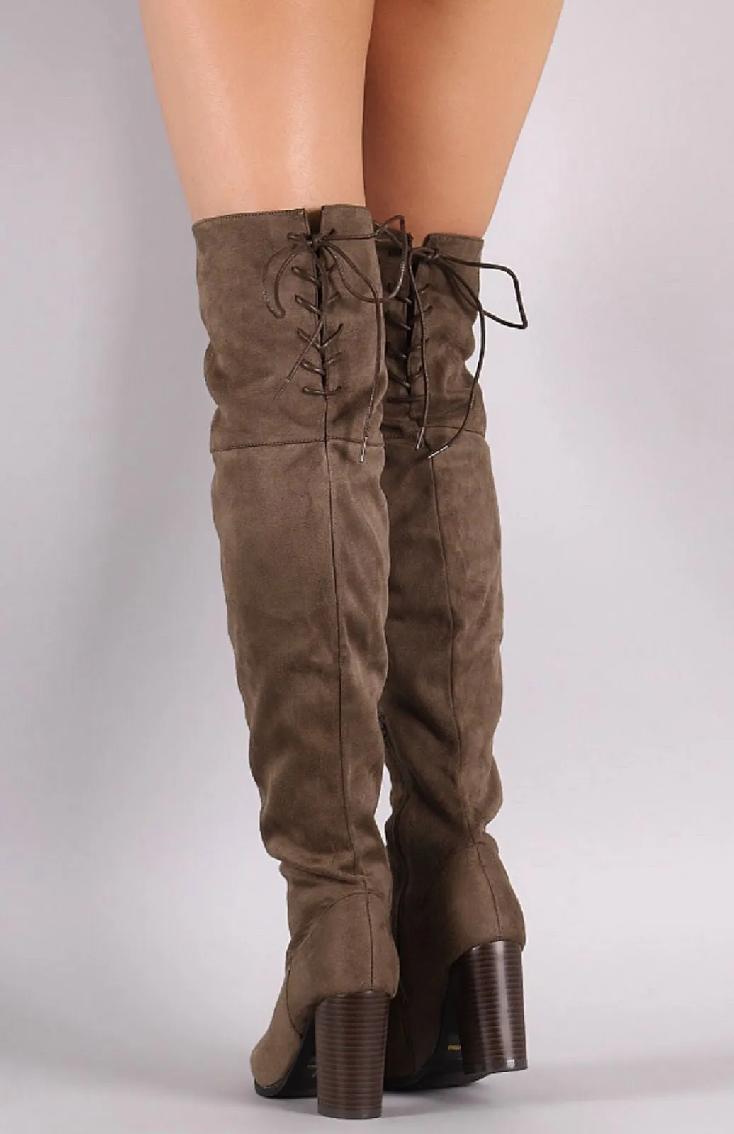 Over the Knee Lace Up Boots with Heel - Brown
