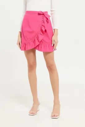 Women Fuchsia Short Linen Skirt